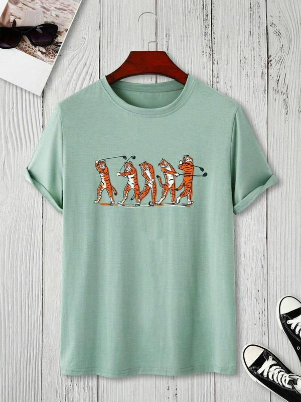 Men's Casual Cartoon Tiger Print Round Neck Tee, Regular Fit Short Sleeve Crew Neck T-Shirt for Summer, Fashion Men's Top...