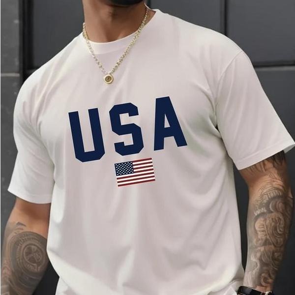 Men's Casual Crew Neck T-Shirt with USA Flag Print, Cotton Knit Fabric, Regular Fit Short Sleeve Tee men  gifts Casual...