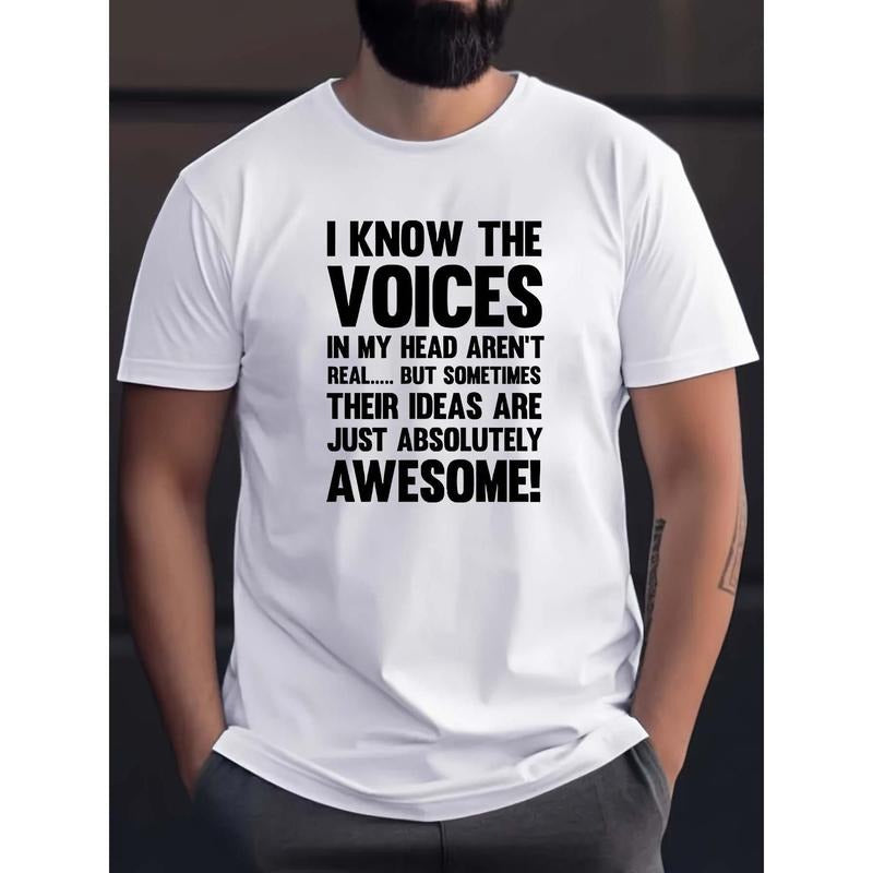 Men's Casual Short-Sleeve T-Shirt - Breathable Cotton, Round Neck with Letter Print Design, Machine Washable, Men's,...