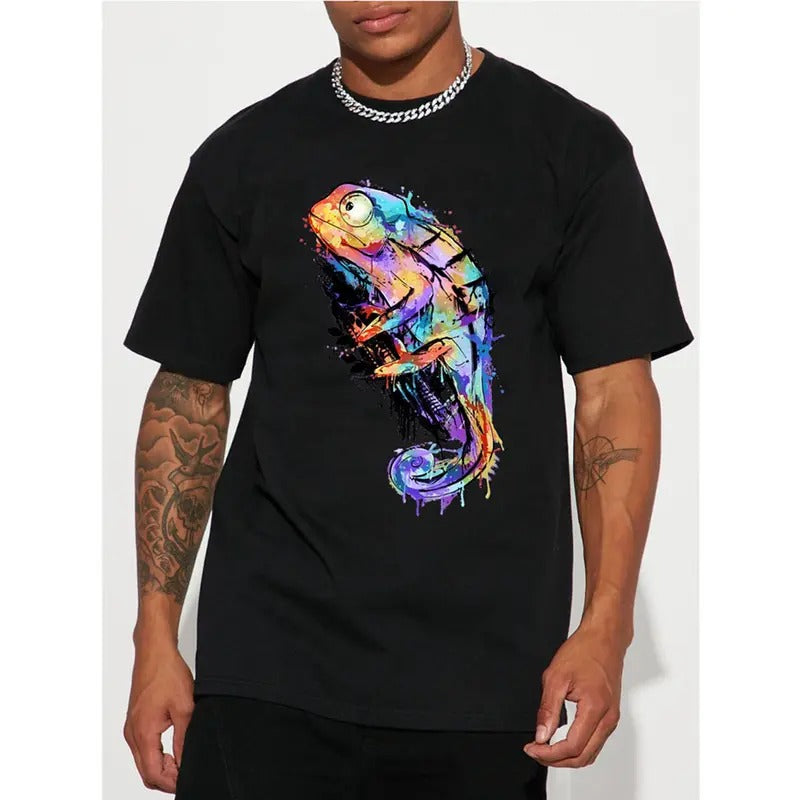 Men's Casual Trendy Colorful Chameleon Print T-shirt, Short Sleeve Crew Neck Hip Hop Tees For Summer Holiday Gift Made in...