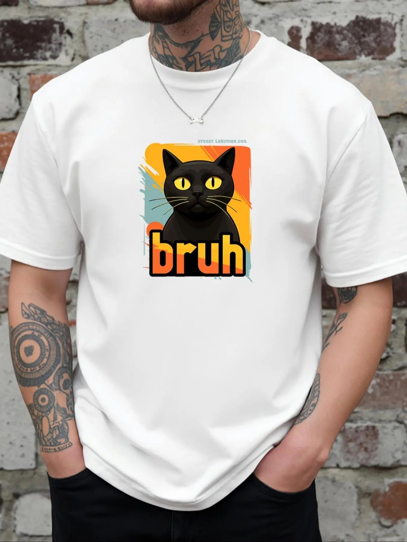 Men's Cat & Letter Print Round Neck Tee, Regular Fit Casual Short Sleeve Crew Neck T-Shirt for Daily Wear, Men's Top for...