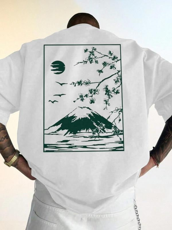 Cherry Blossom & Mountain Print Round Neck Regular Fit Casual Short Sleeve Daily Top All Seasons T-Shirts, Hoodie, Sweatshirt