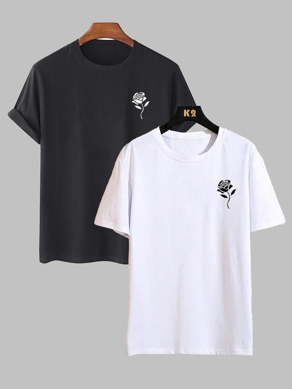 Men's Classic Rose Floral Print Round Neck Tee, Regular Fit Crew Neck Short Sleeve T-shirt, Casual Summer Top for Men...