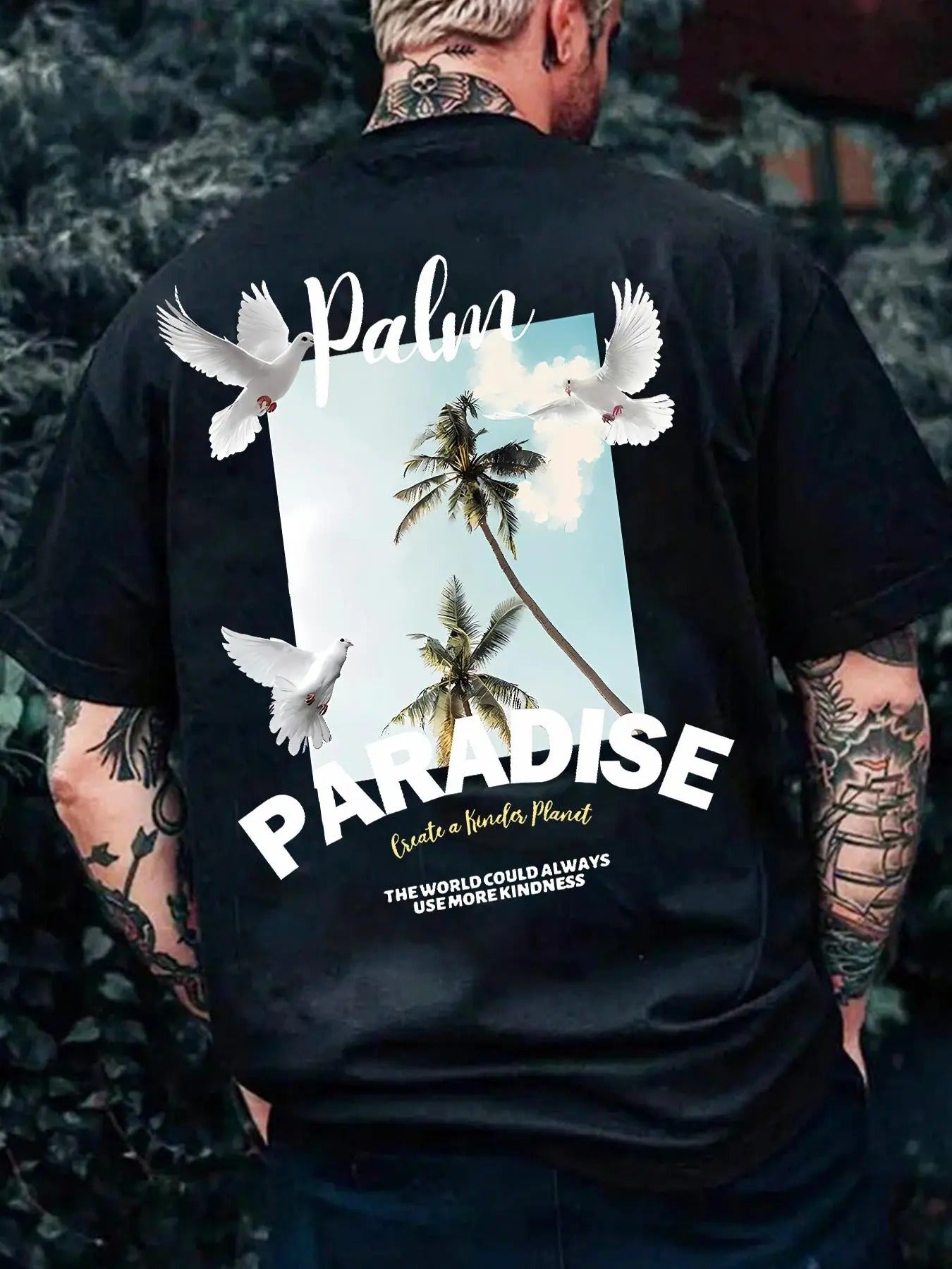 Men's Coconut Tree & Birds Graphic Print Round Neck Tee, Regular Fit Casual Short Sleeve T-shirt, Men's Summer Top for...