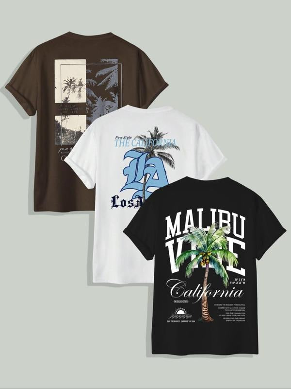 Men's Coconut Tree & Letter Print Round Neck Tee, Regular Fit Casual Short Sleeve T-shirt, Men's Summer Top for Daily...