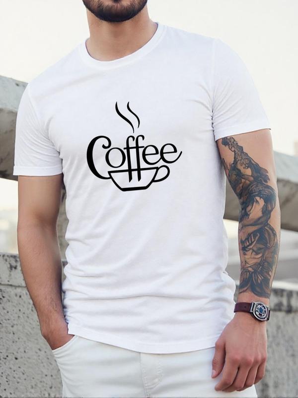 Men's Coffee Letter Print Round Neck Tee, Regular Fit Casual Short Sleeve Crew Neck T-Shirt for Daily Wear, Men's Top for...