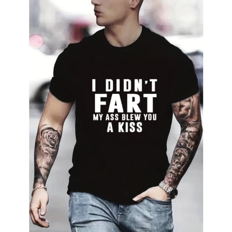 Men's Comfy Chic Casual Funny Letters Pattern T-shirt, Slightly Elastic Streetwear Top, Plus Size Available Made in USA...