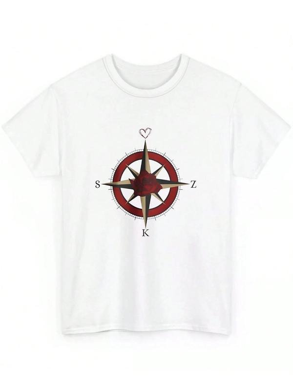 Men's Compass Print Round Neck Graphic Tee, Loose Casual Short Sleeve T-shirt for Summer, Men's Top for Daily Wear...