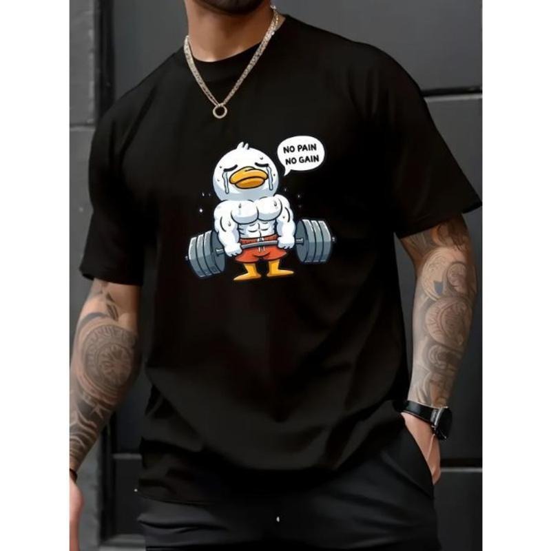 Men's Cotton Crew Neck T-Shirt with Cartoon Duck Weightlifter Graphic, Regular Fit, Knit Fabric, Short Sleeve Casual...