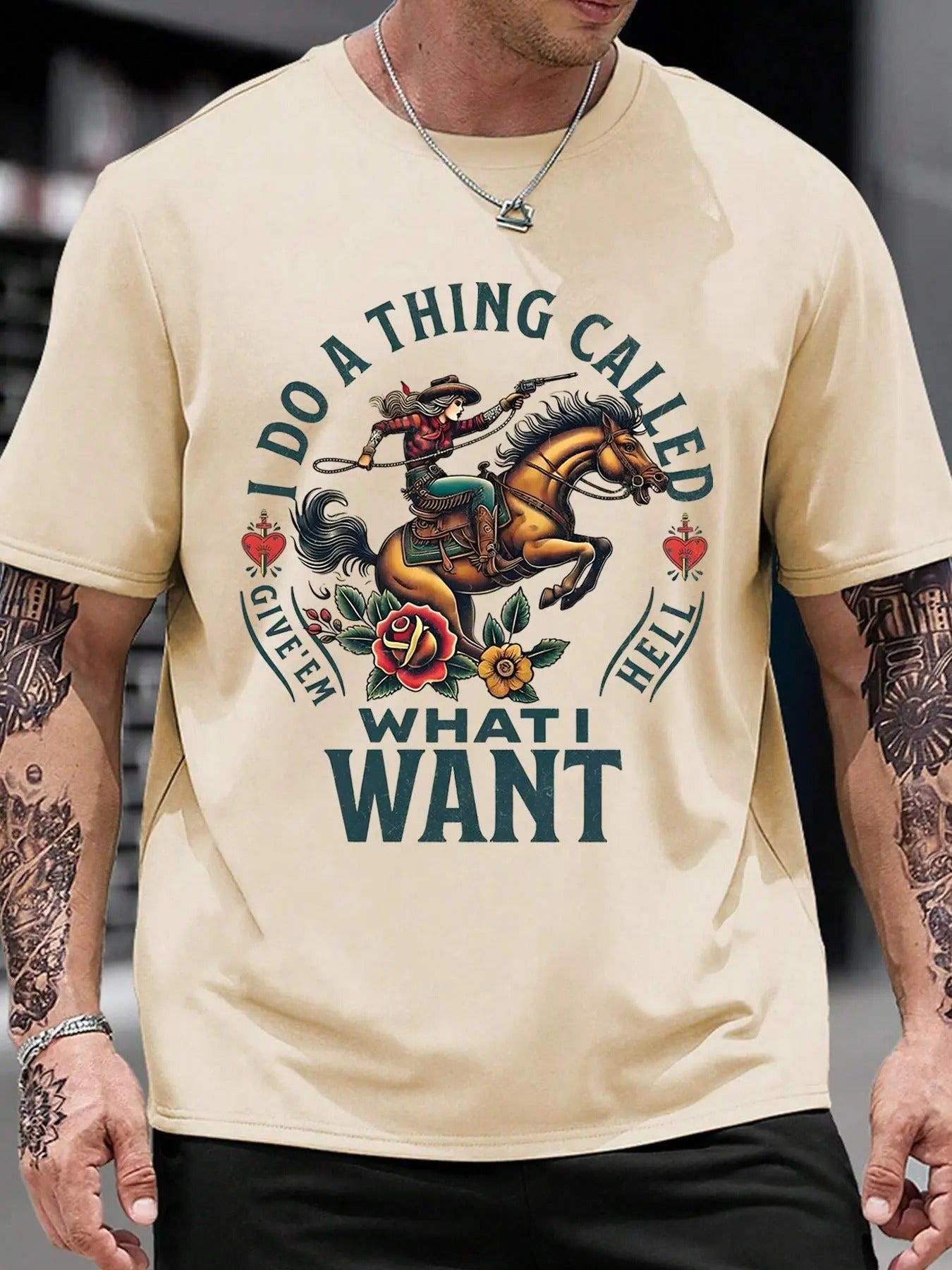 Men's Cowgirl & Letter Print Round Neck Graphic Tee, Regular Fit Casual Street Short Sleeve T-shirt for Summer, Men's Top...