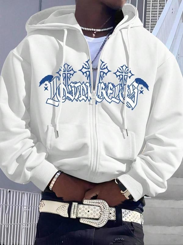 Cross & Letter Print Drawstring Zip Up Casual Regular Fit Pocket Long Sleeve Hooded Spring & Fall Clothes Daily T-Shirts, Hoodie, Sweatshirt