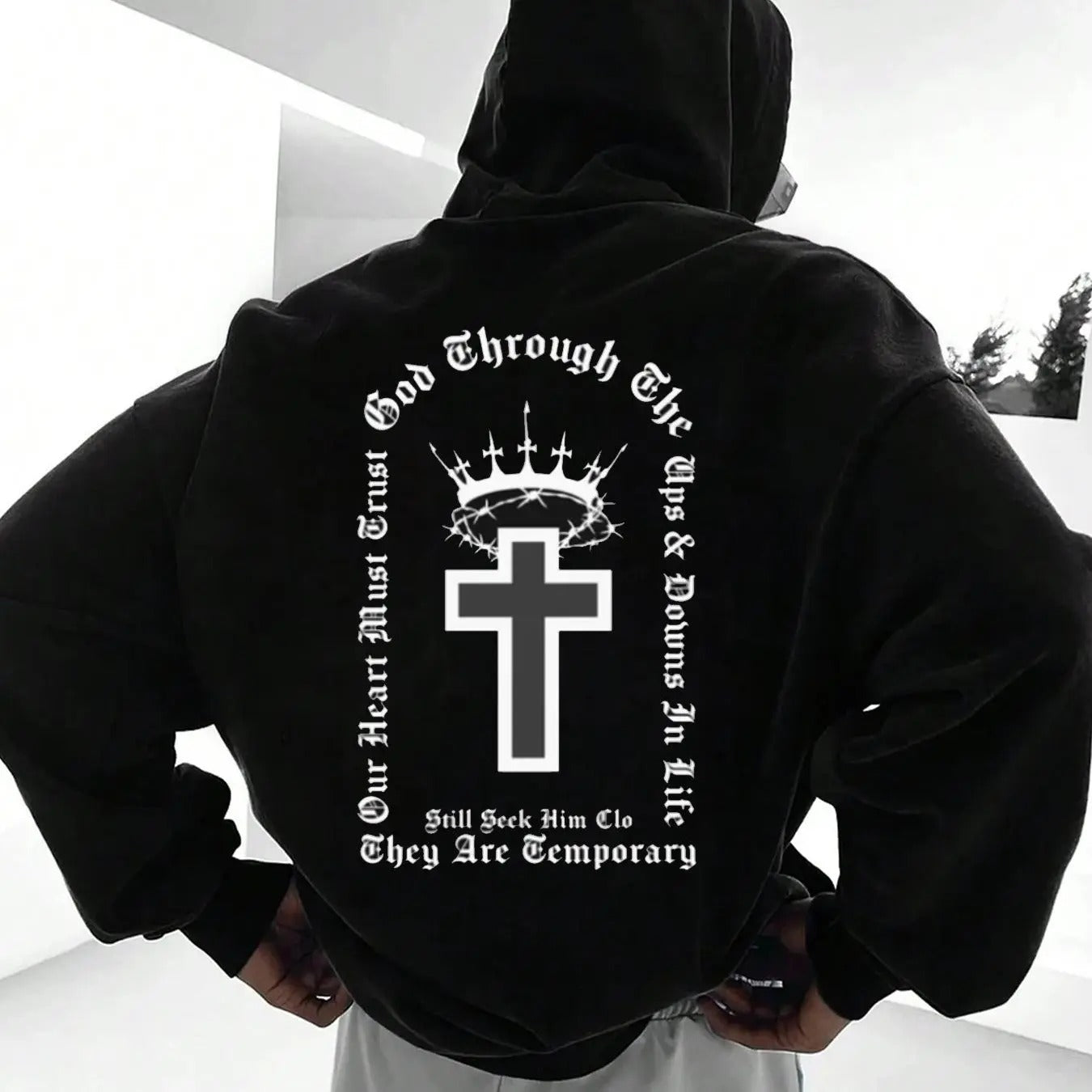 Cross & Letter Print Drop Shoulder Casual Regular Fit Drawstring Pocket Hooded Daily Outdoor Clothes Fall & Winter T-Shirts, Hoodie, Sweatshirt