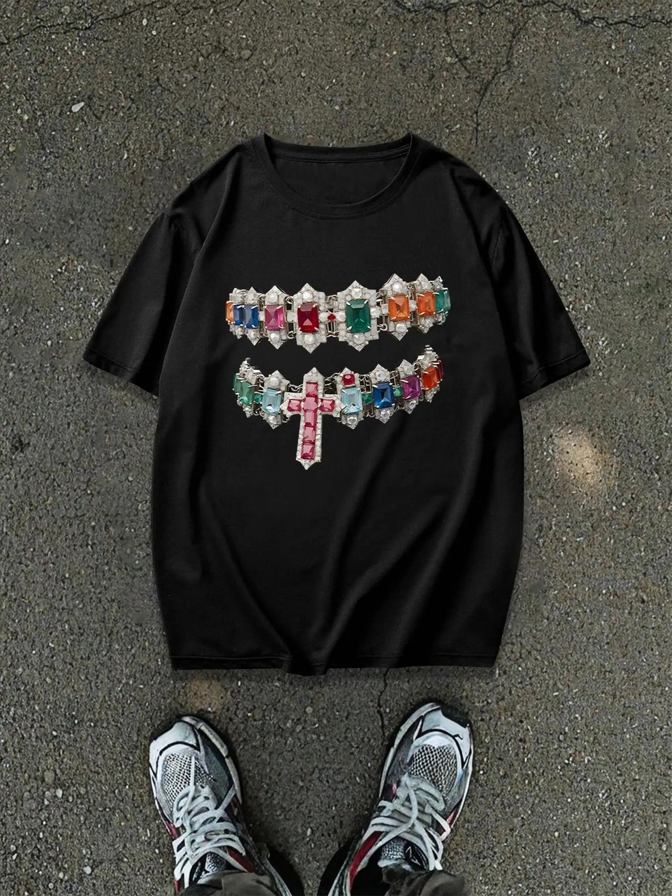 Men's Cross & Rhinestones Graphic Print Regular Fit Short Sleeve Tee, Casual Fashion Round Neck T-shirt for Daily Wear,...