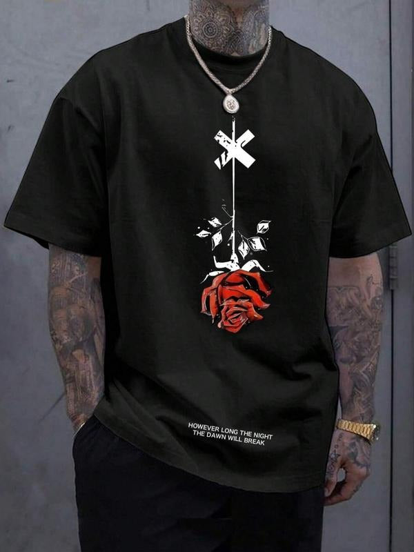 Men's Cross & Rose Print Round Neck Tee, Loose Casual Fashion Short Sleeve T-shirt for Summer, Men's Top for Daily Wear...