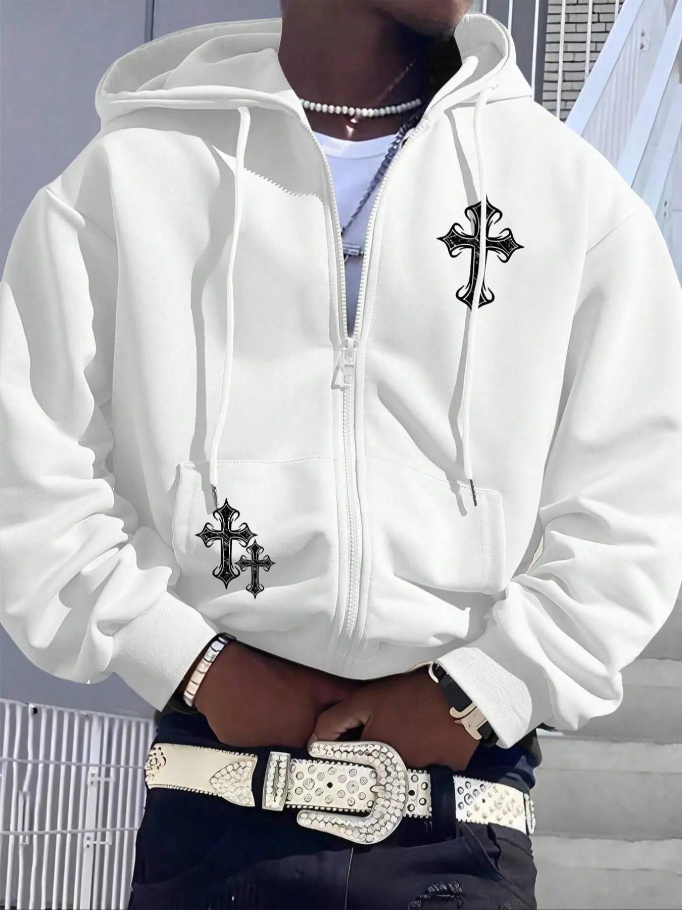 Men's Cross Print Drop Shoulder Zip Up Hoodie, Fashion Casual Regular Fit Drawstring Pocket Hooded Sweatshirt for Daily...