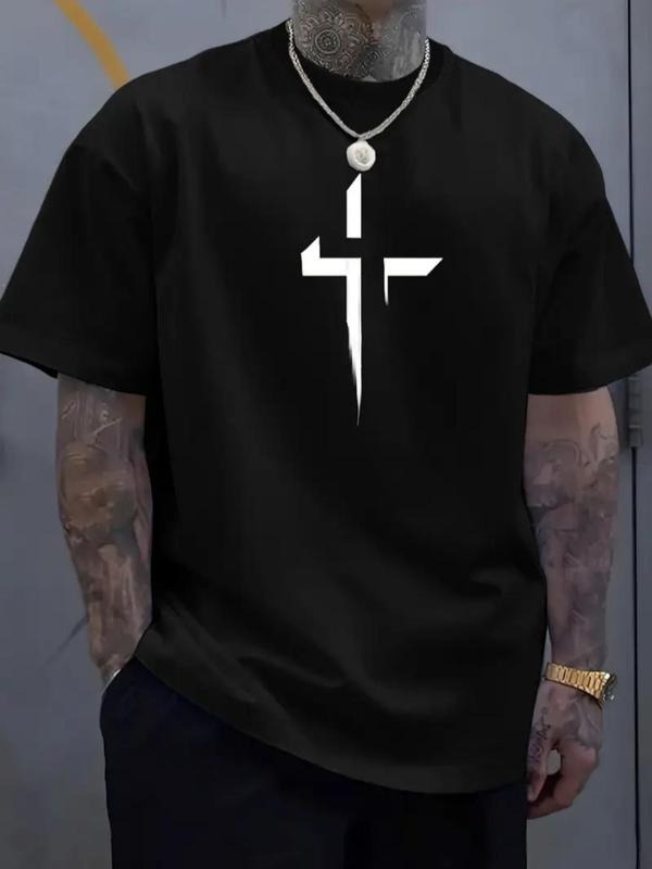 Men's Cross Print Round Neck Tee, Loose Casual Comfy Short Sleeve T-shirt for Summer, Fashion Men's Top for Daily Wear...