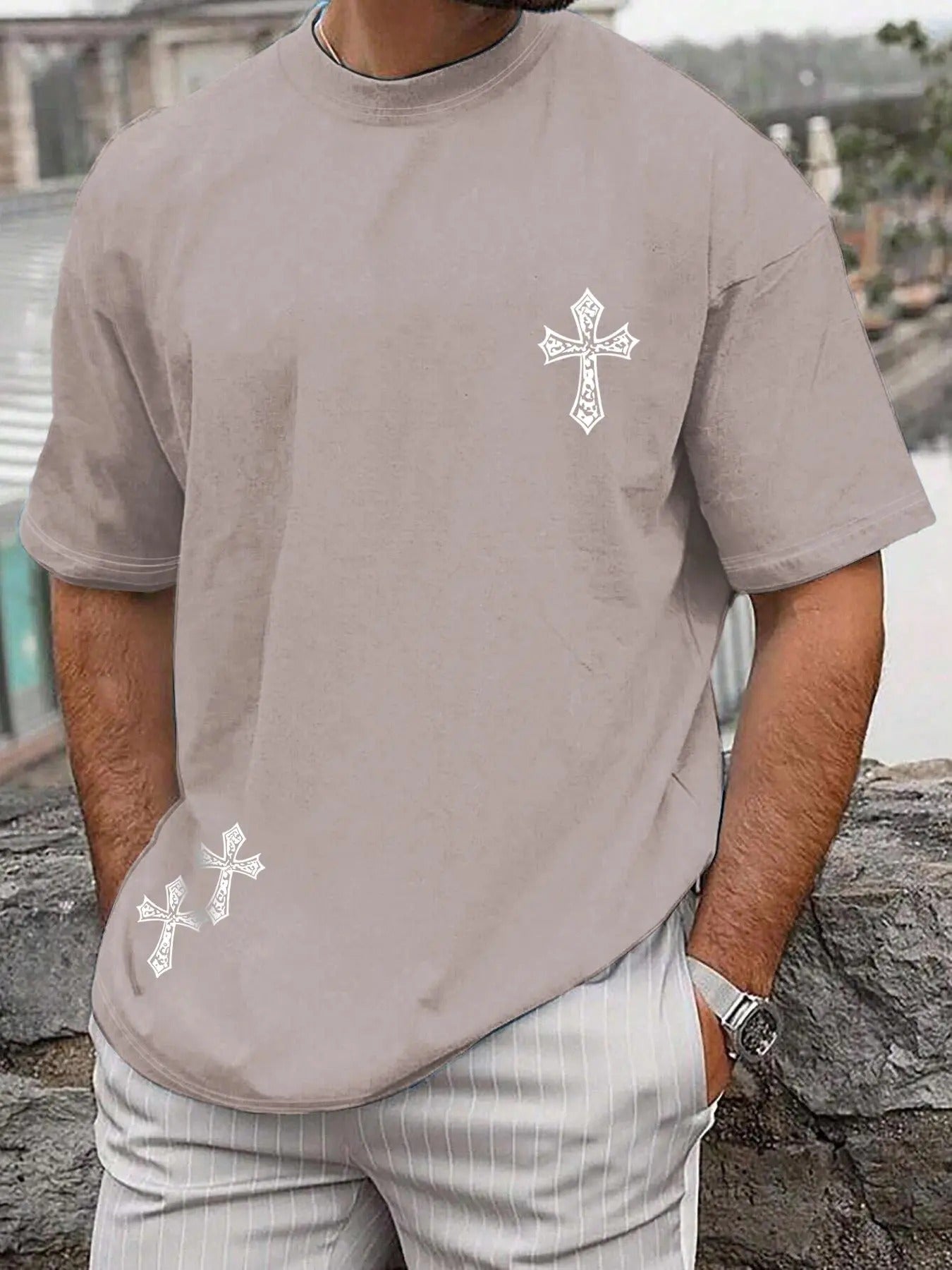 Men's Cross Print Round Neck Tee, Loose Casual Short Sleeve T-shirt for Summer, Men's Top for Daily Wear Hoodie, Sweatshirt