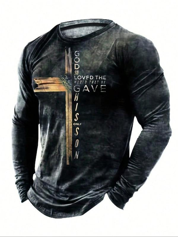 Men's Cross Print Round Neck Tee, Regular Fit Casual Fashion Long Sleeve T-shirt for Daily Wear, Men's Top for All...