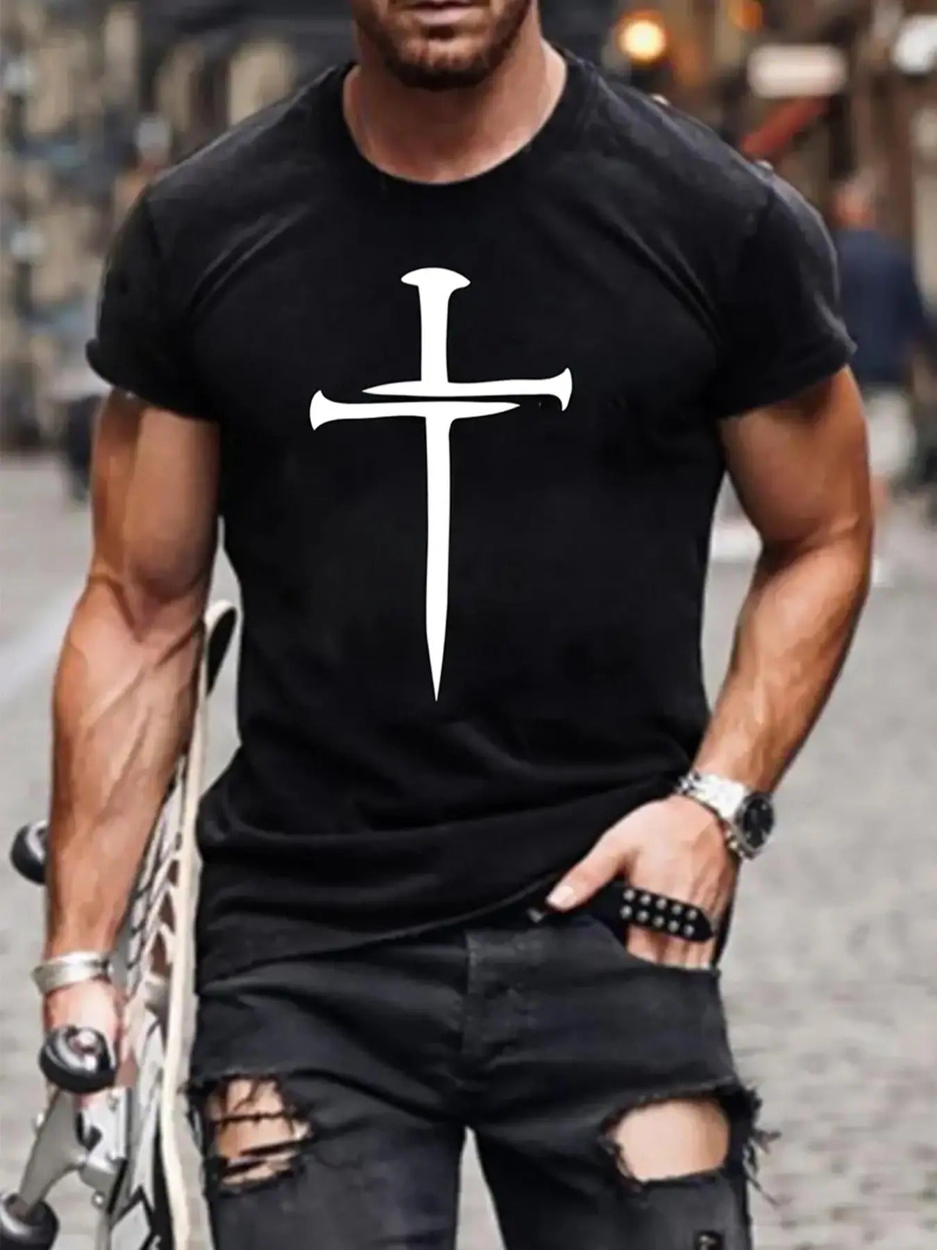 Men's Cross Print Round Neck Tee, Regular Fit Casual Short Sleeve T-shirt for Summer, Fashion Men's Top for Daily Wear...