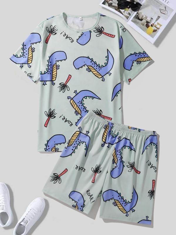 Men's Dinosaur Print Round Neck Tee &Shorts Pyjama Set, Regular Fit Short Sleeve T-Shirt & Shorts PJ Set, Men's Sleepwear...