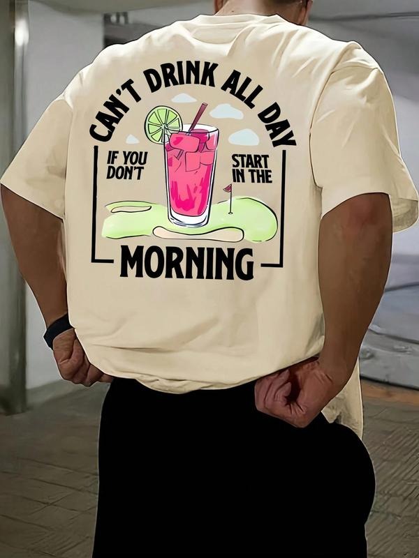Men's Drink All Day Graphic Print Round Neck Tee, Loose Casual Short Sleeve T-shirt for Summer, Men's Top for Daily Wear,...