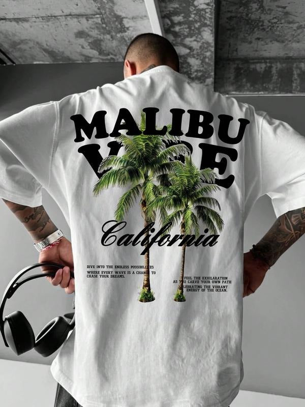 Men's Fashion Letter Print Round Neck T-Shirt, Loose Comfortable Vacation Style Sports Shirt, Perfect for Daily Casual...