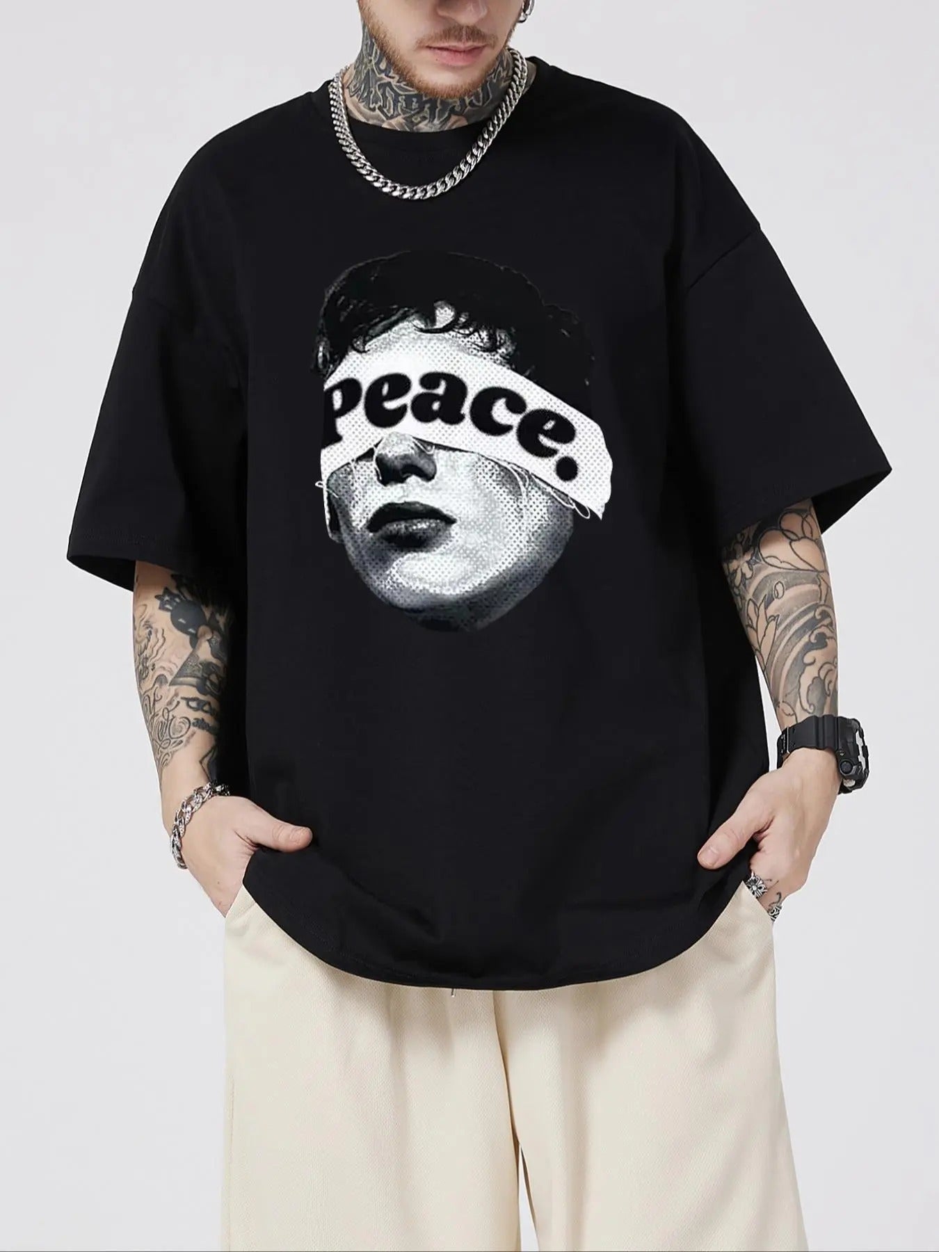 Men's Figure & Letter Print Drop Shoulder Tee, Regular Fit Casual Fashion Short Sleeve Round Neck T-shirt for Summer,...