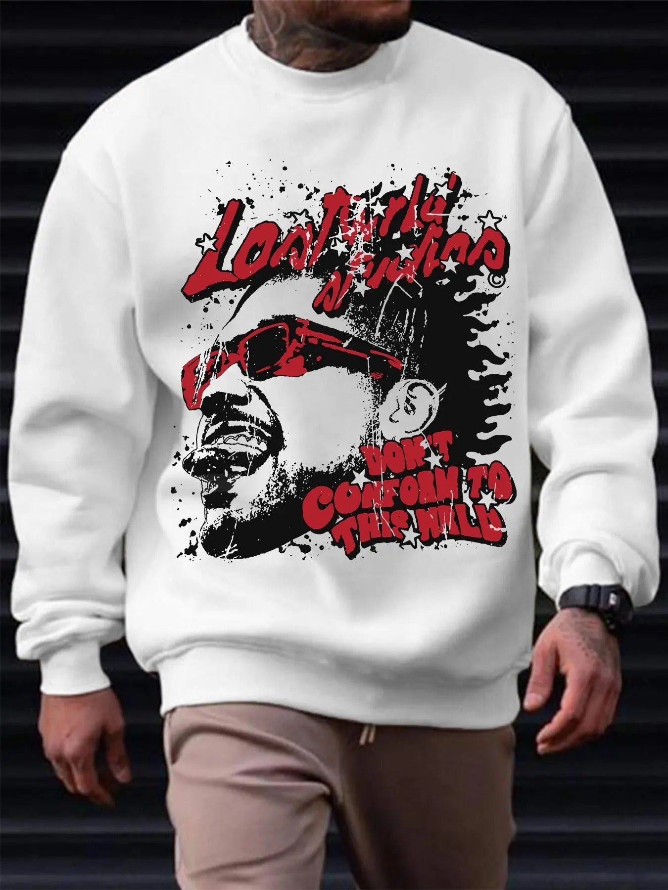 Men's Figure & Letter Print Round Neck Sweatshirt, Regular Fit Casual Fashion Drop Shoulder Long Sleeve Pullover, Men's...