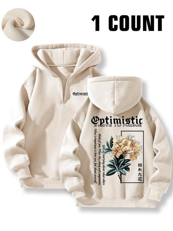 Men's Floral & Letter Print Zip Up Hoodie, Casual Regular Fit Long Sleeve Hooded Sweatshirt for Fall & Winter, Men's Top...