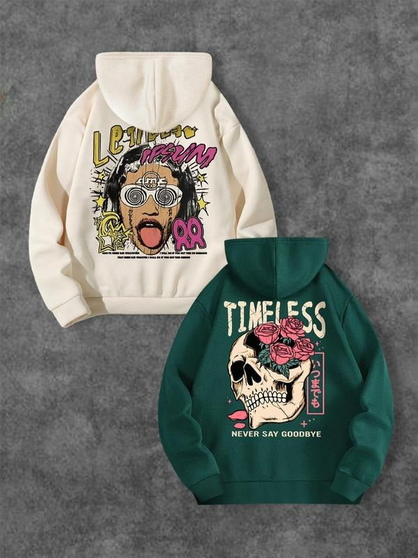 Floral & Skull Print Drawstring Regular Fit Casual Pocket Long Sleeve Hooded Clothes Fall & Winter Daily T-Shirts, Hoodie, Sweatshirt