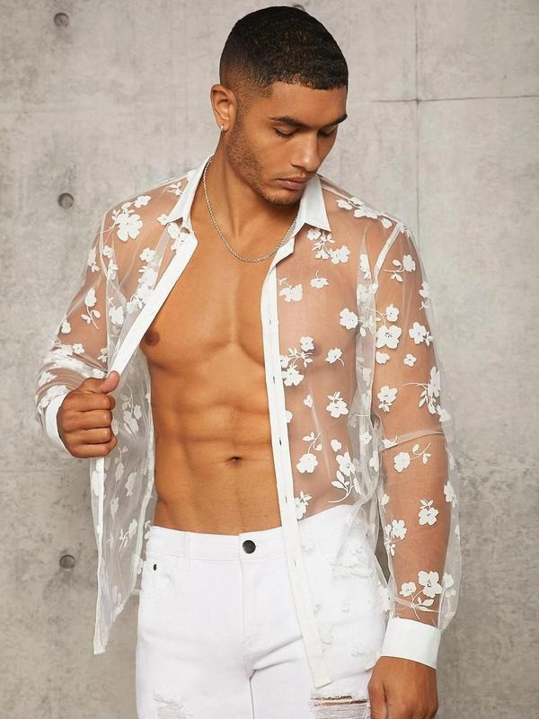 Men's Floral Print Sheer Tulle Shirt, Regular Fit Long Sleeve Top for Summer, Fashion Chic Men's Clothes for Daily Wear...