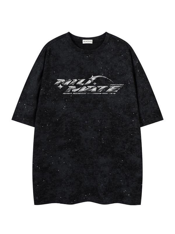 Men's Galaxy & Letter Print Short Sleeve Tee, Loose Casual Fashion Round Neck T-shirt for Summer, Men's Top for Daily...