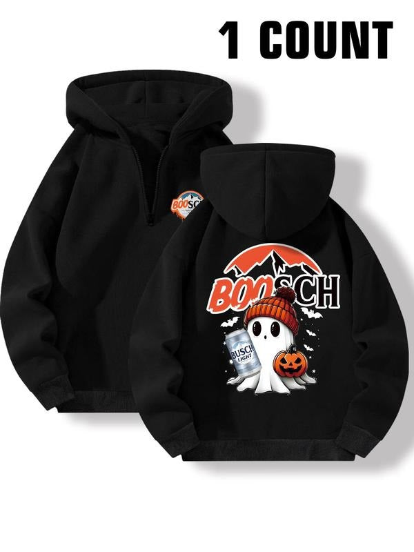 Men's Ghost & Letter Print Drawstring Hoodie, Casual Loose Long Sleeve Hooded Sweatshirt for Fall & Winter, Men's Tops...