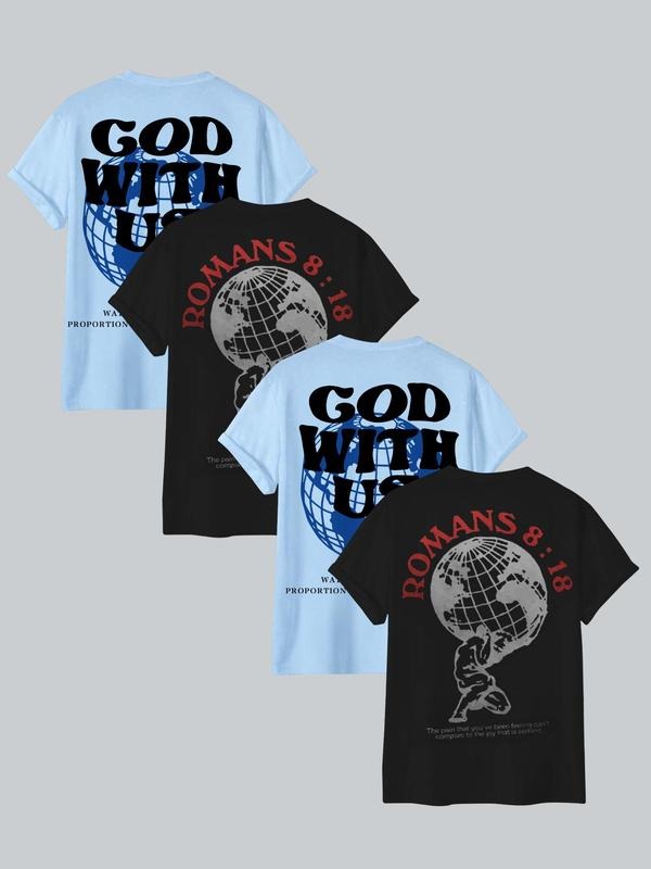 Men's Globe & Letter Print Round Neck Tee, Regular Fit Casual Short Sleeve T-shirt, Men's Summer Top for Daily Wear...