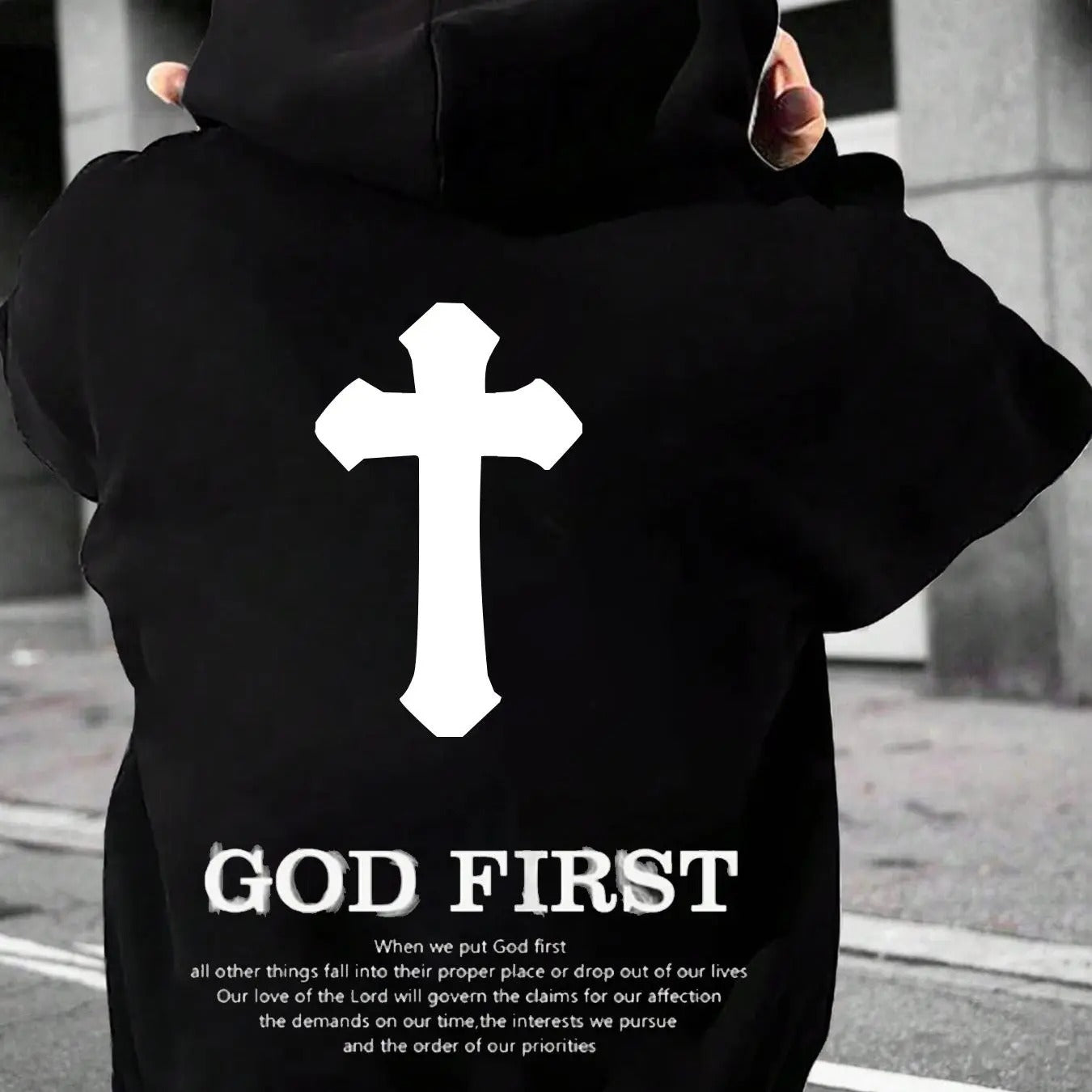 Men's God First Letter Print Drop Shoulder Hoodie, Fashion Casual Regular Fit Drawstring Pocket Hooded Sweatshirt for...