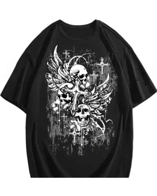 Men's Gothic Graphic Tees Skull Print Drop Shoulder Short Sleeve Y2K Streetwear Tshirt Top Hoodie, Sweatshirt