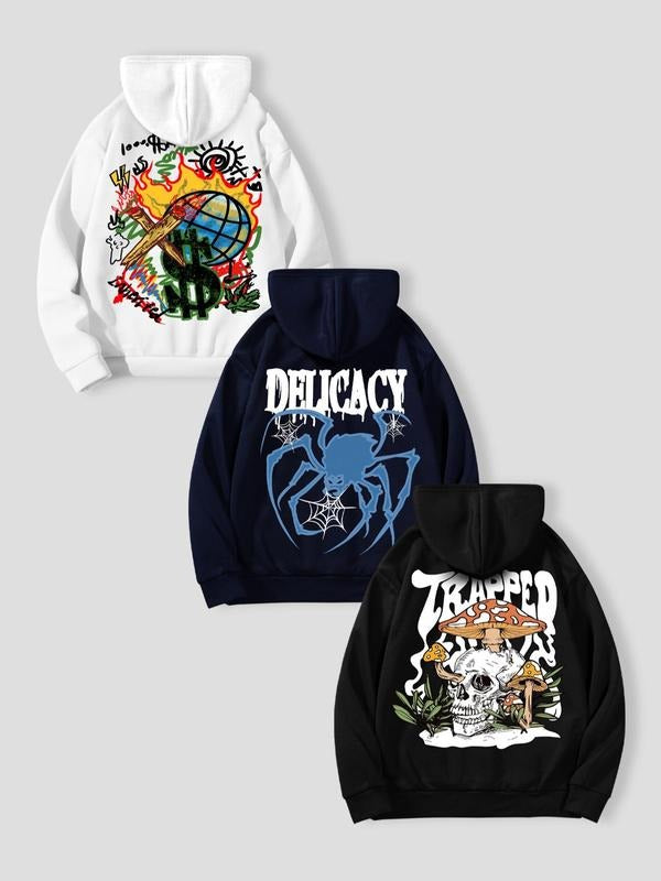 Men's Halloween Themed Graphic Print Pocket Drawstring Hoodie, Regular Fit Casual Raglan Sleeve Hooded Sweatshirt for...