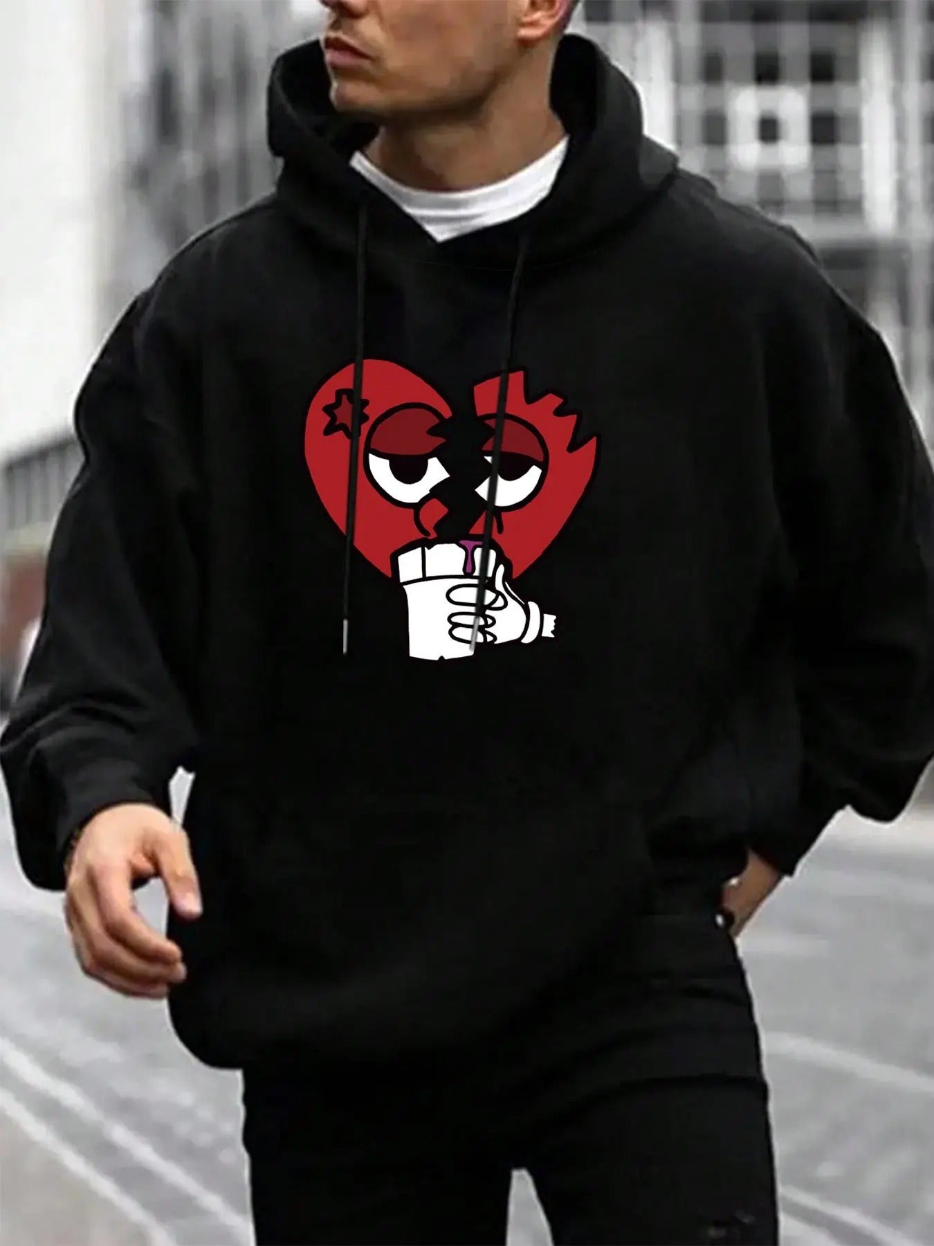 Heart Print Drop Shoulder Casual Regular Fit Drawstring Pocket Hooded Daily Outdoor Clothes Fall & Winter T-Shirts, Hoodie, Sweatshirt