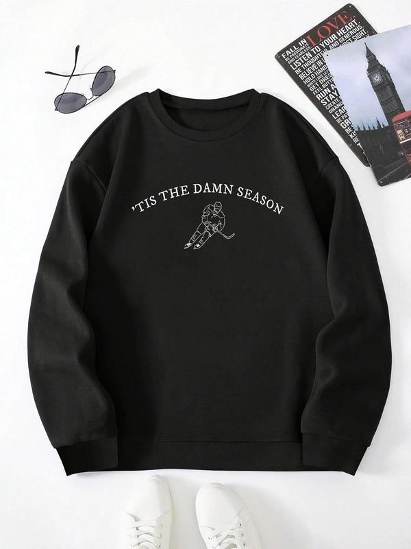 Men's Hockey Player Print Round Neck Sweatshirt, Loose Casual Fashion Long Sleeve Pullover for Daily Wear, Men's Top for...