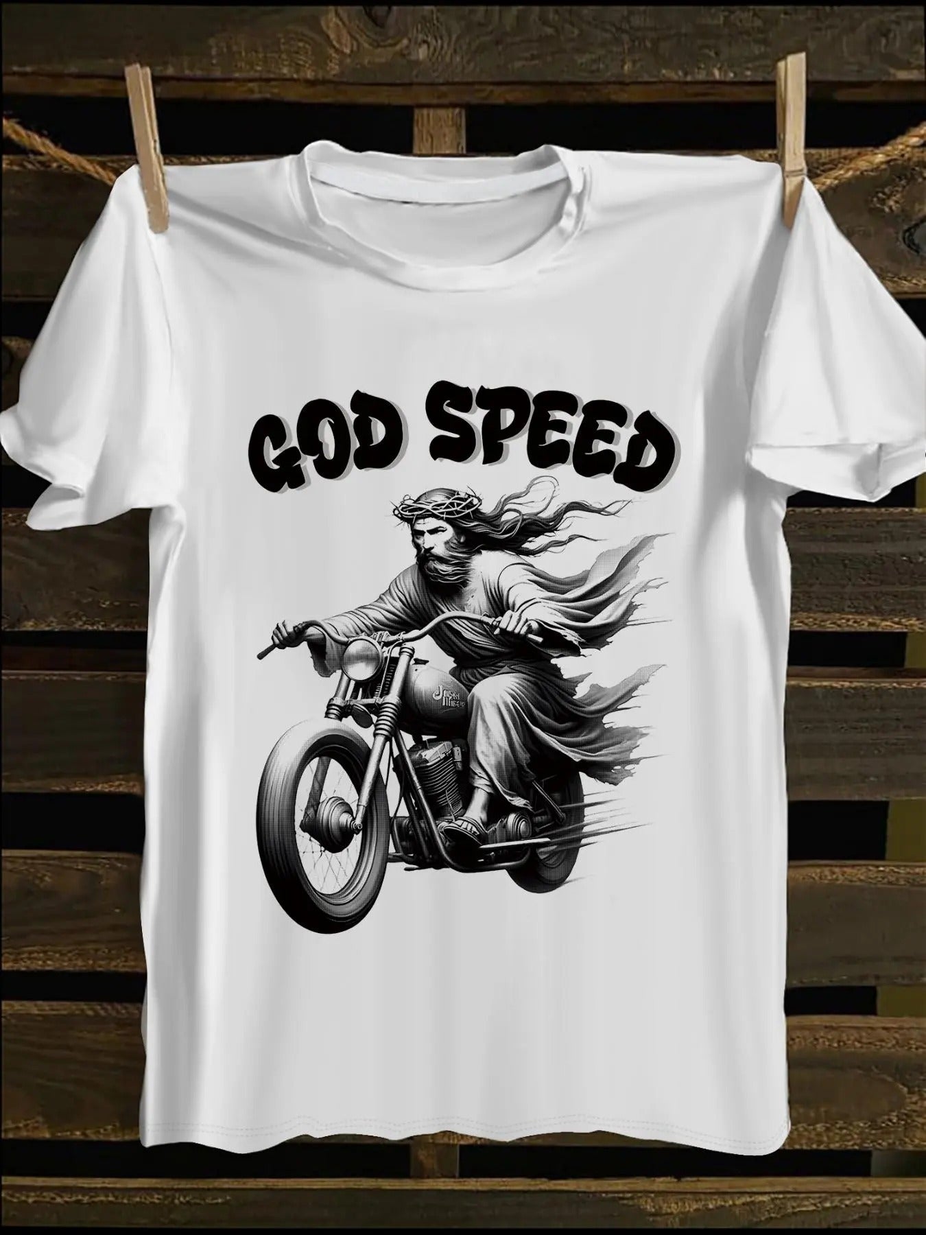 Men's Jesus Riding Motorcycle Print Round Neck Tee, Loose Casual Short Sleeve T-shirt, Men's Summer Top for Daily Wear,...