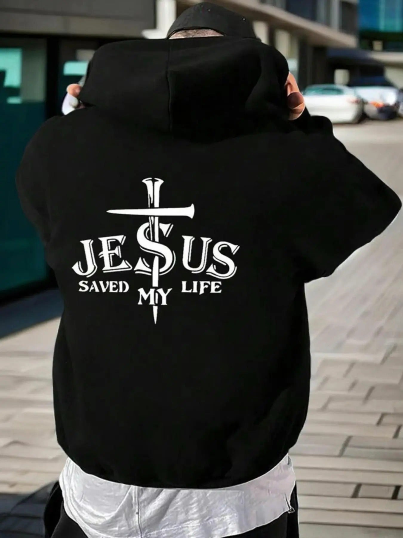 Men's Jesus Saved My Life Print Hoodie, Street Fashion Casual Regular Fit Hooded Sweatshirt for Daily Holiday Outdoor...
