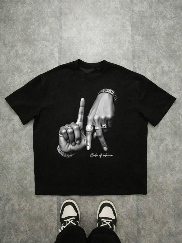 Men's LA Hand Sign Print Round Neck Tee, Loose Street Fashion Casual Comfy Short Sleeve Crew Neck T-shirt for Summer,...