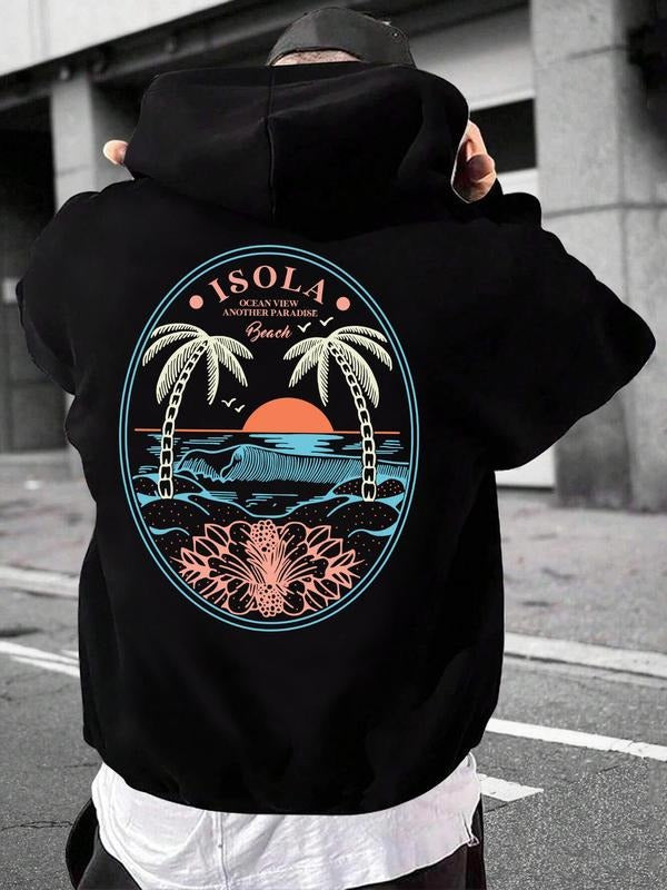 Men's Landscape & Letter Print Drop Shoulder Hoodie, Loose Drawstring Pocket Hooded Sweatshirt for Daily Outdoor Wear,...