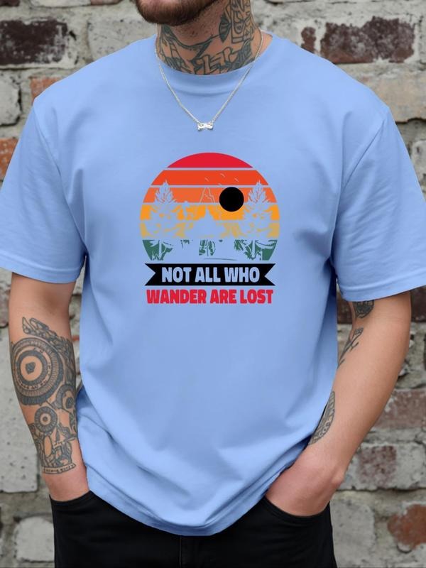 Men's Landscape & Letter Print Round Neck Tee, Regular Fit Casual Short Sleeve Crew Neck T-Shirt for Daily Wear, Men's...