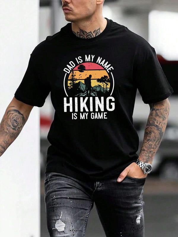 Men's Landscape & Letter Print Round Neck Tee, Regular Fit Drop Shoulder Short Sleeve T-shirt, Casual Comfy Top for...