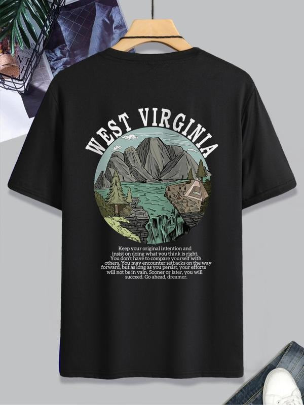Men's Landscape Print Round Neck Regular Sleeve Tee, Summer Clothes Regular Fit Slogan Graphic Short Sleeve T-shirt,...