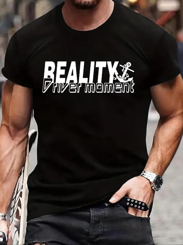 Men's Letter & Anchor Print Round Neck Tee, Casual Short Sleeve Crew Neck T-shirt for Summer, Comfy Men's Regular Fit Top...
