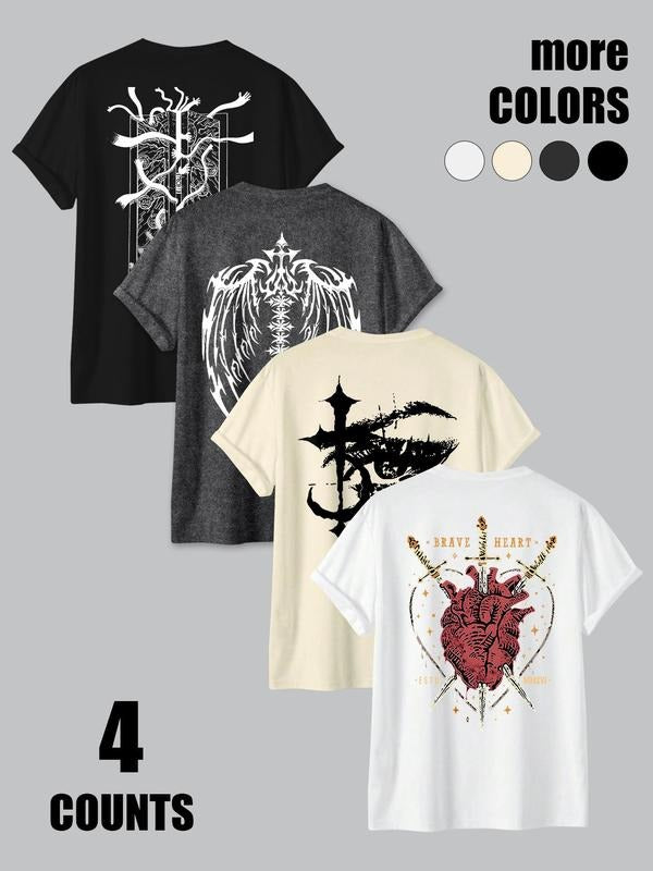 Men's Letter & Angel Wing Print Short Sleeve Graphic Tee, Loose Casual Round Neck T-shirt for Summer, Men's Top for Daily...