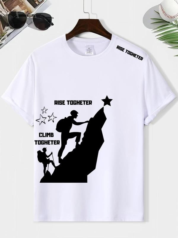 Men's Letter & Climbing Print Round Neck Tee, Loose Casual Short Sleeve T-shirt for Summer, Men's Top for Daily Wear...