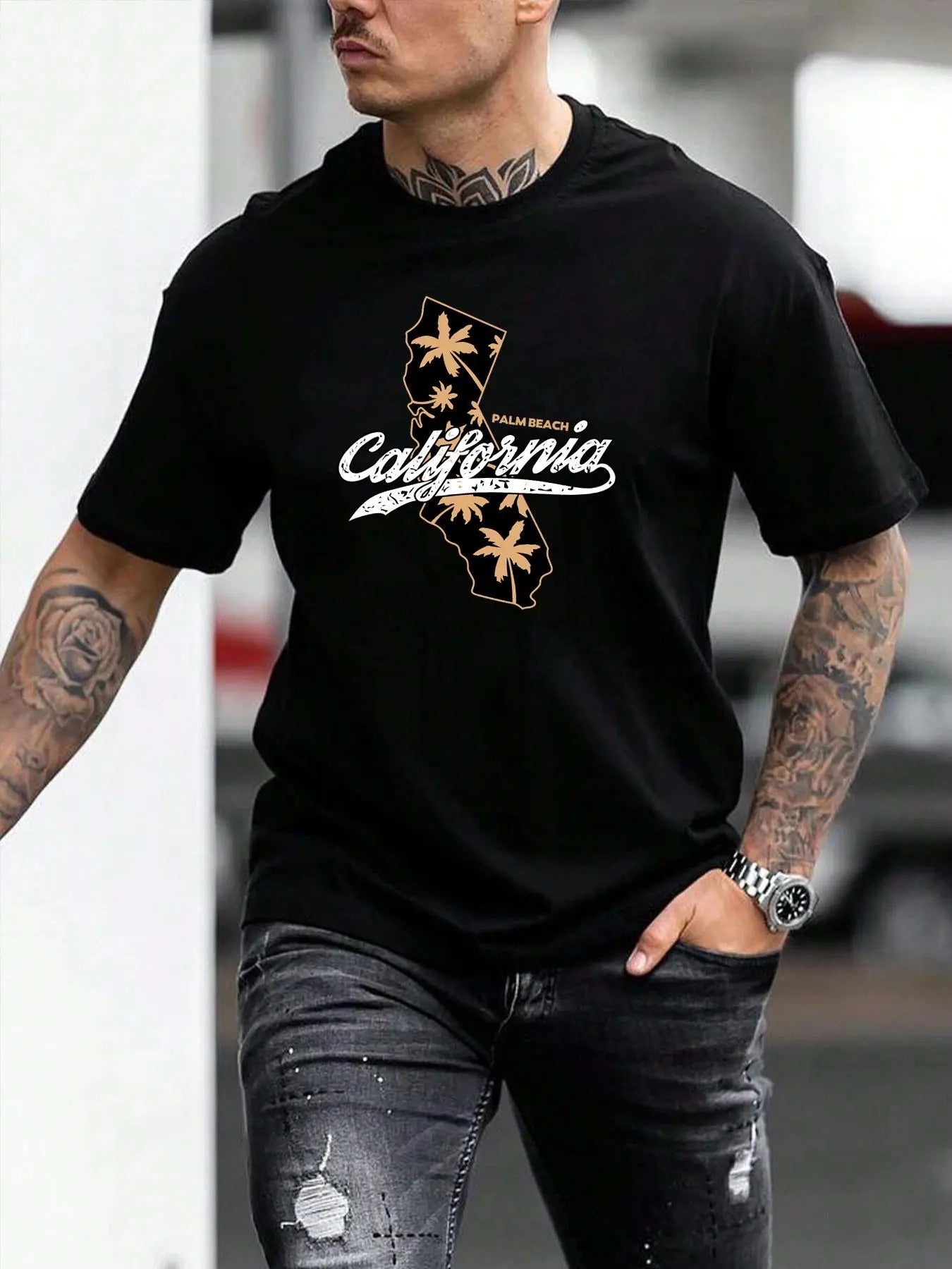 Men's Letter & Coconut Tree Print Round Neck Tee, Street Fashion Regular Fit Short Sleeve T-shirt for Daily Wear, Comfy...